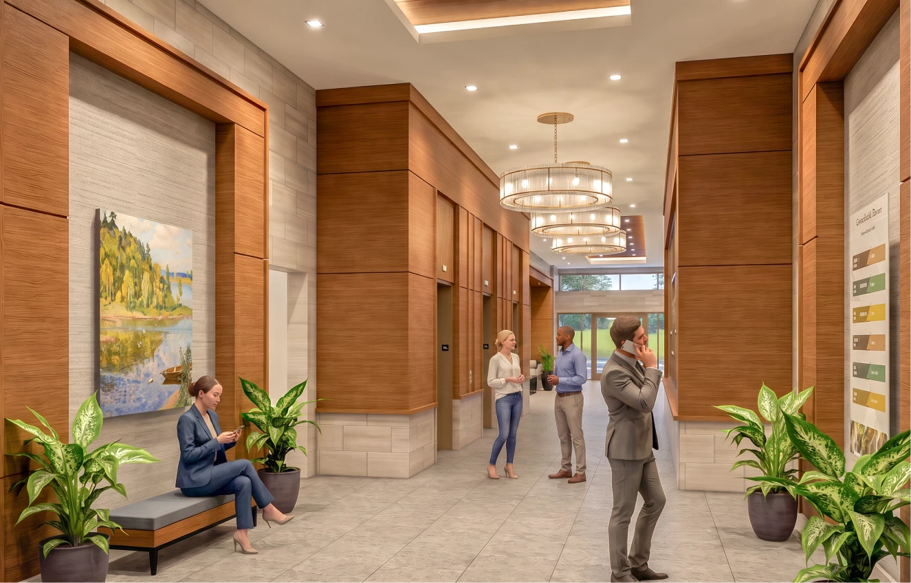 Rendering of lobby and elevators in TowneBank Building in SouthPark